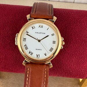 Vintage Halston Roman Numerals 1.25 inch Sculptured Case Gold Tone